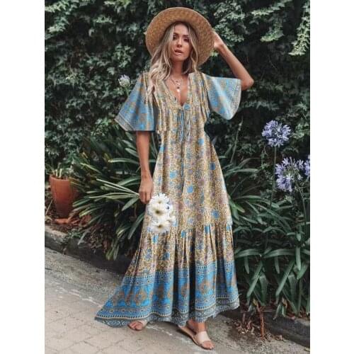 Happie Queens women Floral print batwing sleeve beach Bohemian maxi dress Ladies V-neck Tassel Summer Boho happie dress vestidos