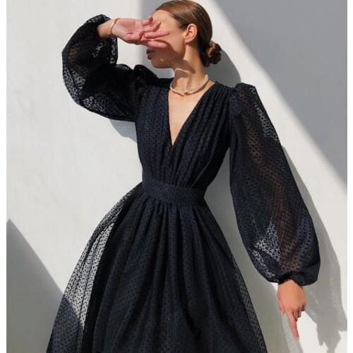 2021 Summer Autumn Long Sleeve Midi Dress Women Elastic Waist Empire Mid Calf Vacation Holiday Polka Dots Dresses Gauze Vestidos