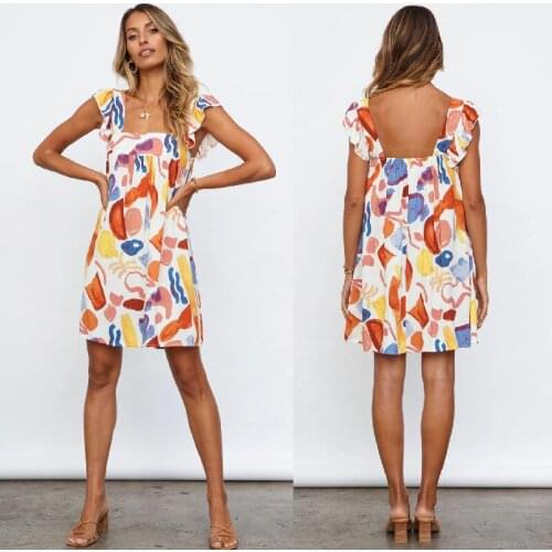 Womens Print Dress Summer Holiday Female Strap Mini Dresses 2021 Loose Ruffled Sexy Beach Dress Boho Vestidos Woman Clothing