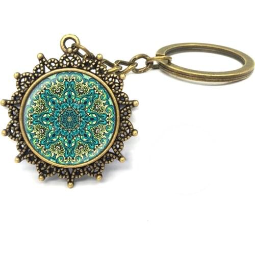 1 Pcs/Lot Art glass pendant Mandala Key chain Sacred geometry jewelry handmade Keychain New 2017 Key Ring Gifts