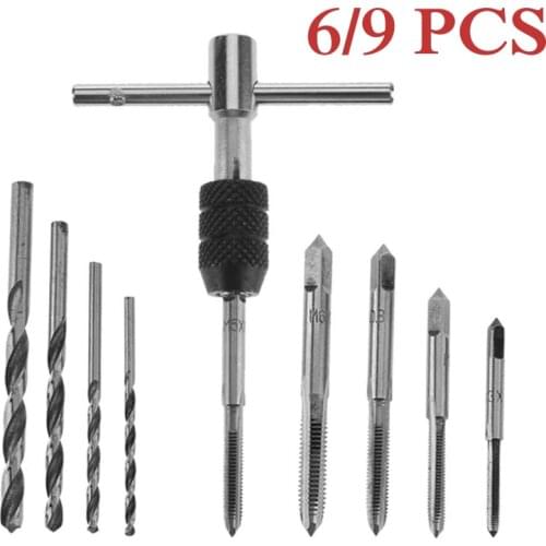 9pcs Alloy Steel Hand Screw Tap Set Wrench Hand Tools M3/M4/M5/M6 Reamer 2.5/3.3/4.2/5mm Twist Drill Bits T-type