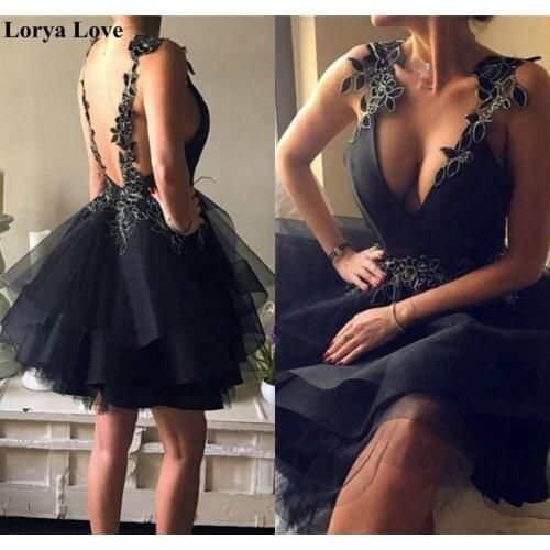 Black Cocktail Dresses 2020 Sexy V-Neck Short Prom Dress Homecoming Gowns Appliques Lace Tulle Women Elegant Graduation Dress