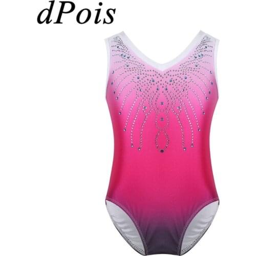 DPOIS Child One-Piece Ballet Leotard Kids V-Neck Shiny Rhinestone Dance Bodysuit Dress Gym Jumpsuit Ballerina Costumes for Girls