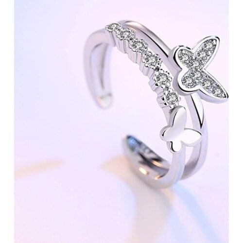 Double Butterfly Ring Silver Plated Crystal Zircon Rings For Women Jewelry Two Butterflies In Love Ring Jewellery Anel Anillos