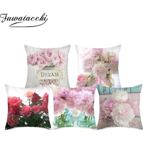 Fuwatacchi Pink Rose Mixed in Bottle Cushion Covers Beautiful Flowers Pillow Cases for Home Bedroom Sofa Decoration Pillow Cover