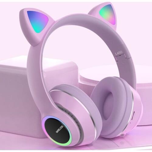 L450 Wireless BT5.0 Headset Glowing Cat Ear Headphones 7 Color Breathing Lights Foldable with Mic AUX IN TF Card MP3 Player