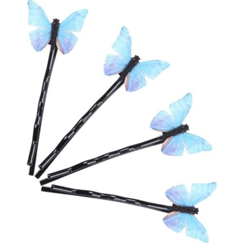 4Pcs Korean Blue Butterfly Hair Clips Bobby Pins Sweet Romantic Simple Metal Barrettes Wedding Party Styling Hairpins