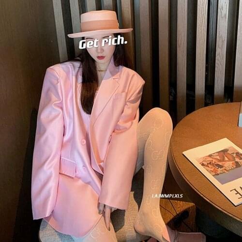 Minimalist Pink 2021 New Spring Autumn Notched Collar Full Sleeves Satin Pearlescent Fabtric Single Breasted Blazer Female top