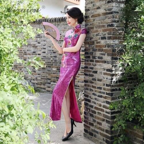 Fashion Purple Sequin Embroidery Cheongsam Modern Chinoise Vintage Gown Qi Pao Women Traditional Chinese Dress Qipao Promotion