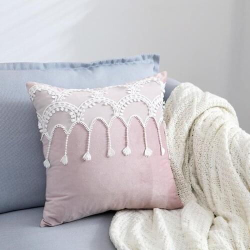 Nordic Ins Style Cushion Cover Lace Plush Ball Edge Solid Color Pillow Cover Velvet Super Soft High Quality Throw Pillows 45x45