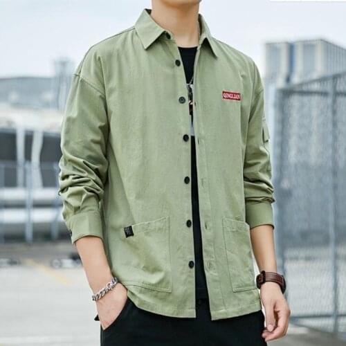 New pure cotton loose shirt Mens Japanese wear long sleeve shirt simple plain color square collar casual long sleeve shirt