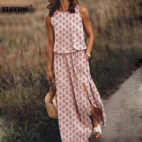 ELSVIOS Casual O Neck Print Sleeveless Dresses Summer Fashion Sexy Split Long Dresses Elegant Slim Irregular Femal Party Dresses