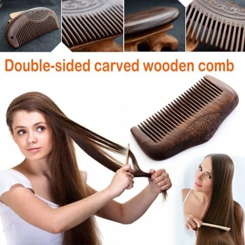 Golden Sandalwood Comb Double-Sided Carved Design Natural Sandalwood Fine Comb Anti-Static Care NE