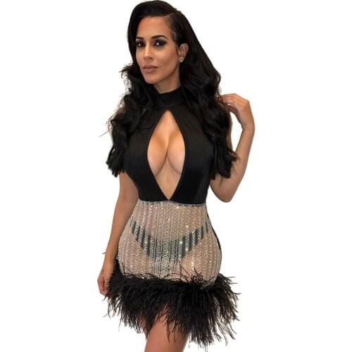 S Curve Party Clubwear Sequin Feathered Cut Out Halter Mini Bodycon Bandage Dress