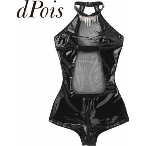 Sexy Women One-piece Wetlook Faux Leather Lingerie Sleeveless Halter Neck Mesh Splice Zipper Crotch Teddy Bodysuit Club Wear