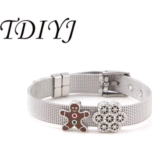 TDIYJ DIY Ginger bread Man Snow Slide Charms Stainless Steel Mesh Bracelet For Christmas Gift Women Jewelry 1Set