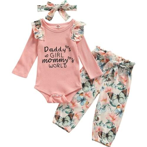 Clothes For Newborns 3Pcs Letter Print Long Sleeve Knitted Romper Floral Print Elastic Waist Pants Headband Baby Girl Clothes