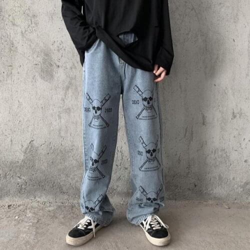 Vintage Washed Jeans for Women 2020 Summer Jeans Harajuku Skull Jeans Loose High Waist Trousers Casual Multi-pocket Pants