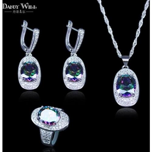 Magic Present Mystic Rainbow Zircon Big Oval Silver Color Jewelry Sets Earrings Ring Necklace Pendant For Women