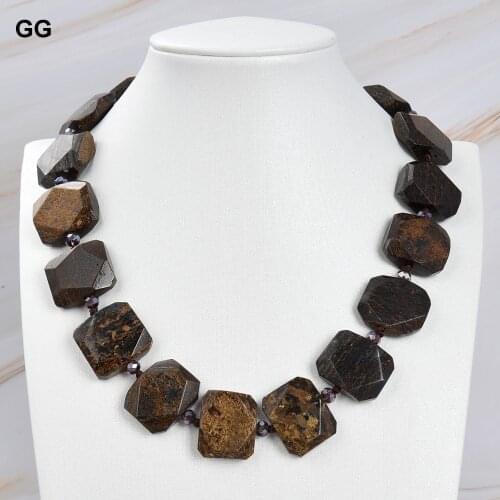GuaiGuai Jewelry 18" Natural Faceted Brown Bronzite Chunky Rectangle Necklace For Women