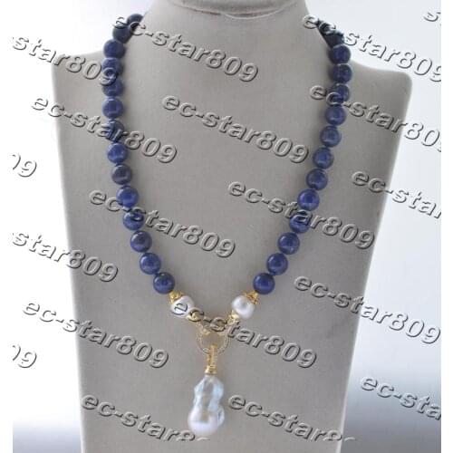 Z11321 19" 25mm Blue Round Lapis-lazuli Necklace White Keshi Pearl Pendant CZ