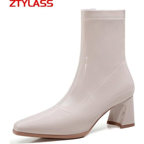 2021 Spring Autumn Stretch Boots Fashion Patent Leather Women Boots Chunky High Heel Ankle Boots Winter Plush Zipper Woman Shoes