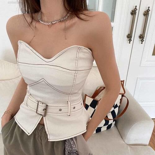 Black Girdle Slim Denim Short Womens Tube Top Slash Neck Sleeveless Korean Asymmetric Tops Women 2021 Summer Style