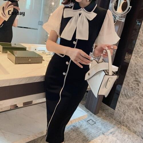 Cotday Black Puff Sleeve Bow Vintage Hepburn Single Breasted Button Elegant Woman Fashion Peter Pan Collar Evening Gown Dress