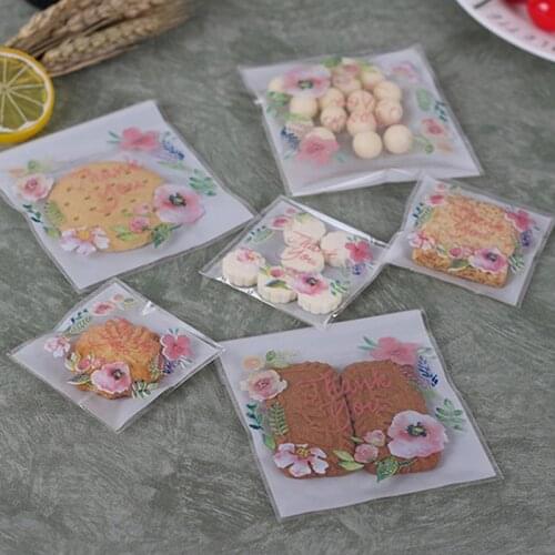 100pcs/pack Self adhesive cookies Candy Bags Flower Pattern Biscuits Snack Packaging Bag wedding party gift bag DIY Handmade