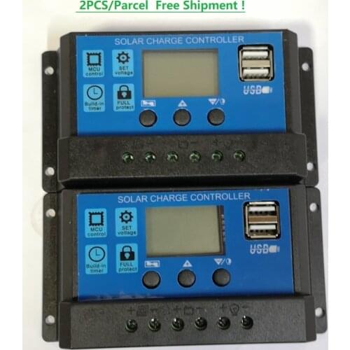 2PCS each parcel 12/24V 10A20A30A PWM solar charge controller with LCD display and Dual USB