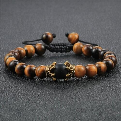 Adjustable Men Bracelets Tiger Eye Crown Beaded Bracelet Natural Stone Braided Rope Bangles Healing Buddha Jewelry for Women
