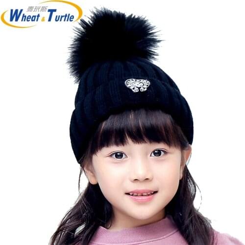 Child Apparel Accessories Hats Caps Skullies Beanies Unisex Autumn Winter Knitted Bonnet With Faux Fur Ball For Children Kids