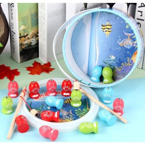 Baby Wooden Children 3D Educational Fishing Game Magnetic Rod Toy Outdoor Fun Toy For Kid 16 Fish 2 Fishing Rods Gifts
