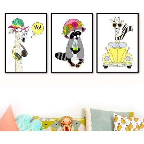 Cute Jungle Animals Giraffe Raccoon Flower Car Wall Art Canvas Painting Nordic Posters And Prints Wall Pictures Kids Room Decor
