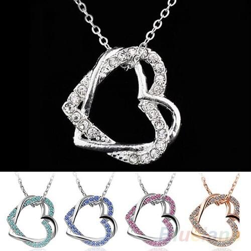 Fashion Charming Silver Plated 2 Heart Crystal Pendant Necklace Long Chain C745