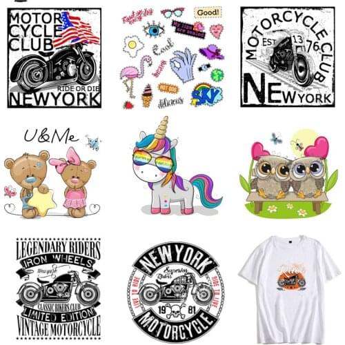 Motorcycle Owl Patches Heat Transfer Sticker Iron On Patch For Boy/girl Stripe Clothes Diy T-shirt Accessory Decoration E