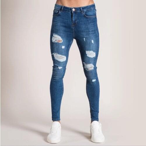 Men casual jeans spring and autumn new distressed hole fashion high waist solid color slim jeans male pencil pants