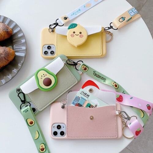 3D Cartoon Avocado Leather Wallet soft phone case for iphone 12 mini 11 Pro Max X XR XS 6S 7 8 plus SE 2020 Necklace strap Cover