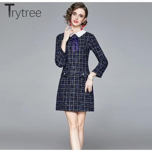 Trytree Autumn Winter Womens Dress Tweed Blends Turn-down Collar Diamond Bow Shiny Plaid A-line Above Knee Office Lady Dress
