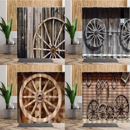 Retro Old Wood Stripes Shower Curtain Wooden Wheel Bathroom Decors Waterproof Bath Fabric Bathtub Hanging Curtains Douchegordijn