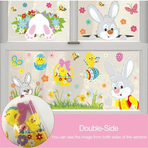 Happy Easter Bunny Sticker Cartoon Rabbit Egg Chick Children Double-side Window Wall Sticker Home Decor ozdoby wielkanocne пасха
