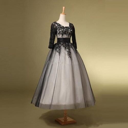 Tulle V Neck Tea Length Mother of the Bride Lace Dresses with Sleeves Wedding Party Gown Guest Dress 2021 Wedding Guest Dresses