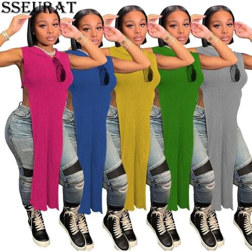 SSEURAT 2021 Summer Women Knit Sleeveless Hooded Long Knit Blouse Streetwear Night Club Sexy Fashion Tops