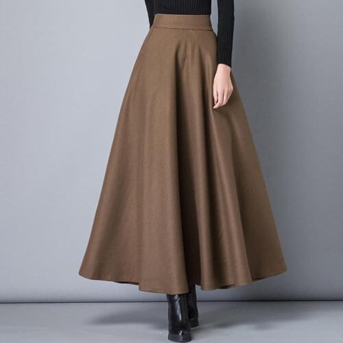 Vintage High Waist Woolen Skirts Womens Warm Thick Autumn Winter Long Skirt Female Elegant Solid Large Size A-Line Skirts Q1916