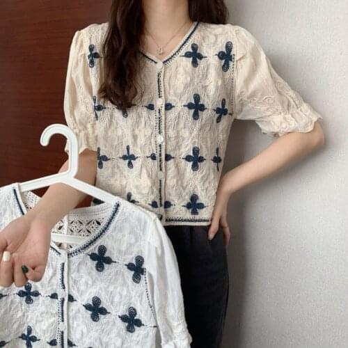 Women Shirts Temperament V-neck Embroidered Cardigan Short-sleeved Chiffon Shirt Female Summer New Style Korean Loose Short Top