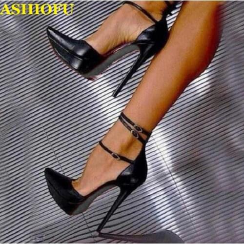 ASHIOFU Handmade Ladies High Heel Pumps D'orsay Style Buckle Strap Party Office Dress Shoes Pointy Large Size Evening Shoes