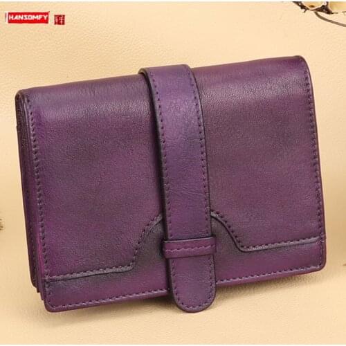 Retro ladies handmade first layer cowhide Women short wallet female leather small purses card bag thin anti-theft brush
