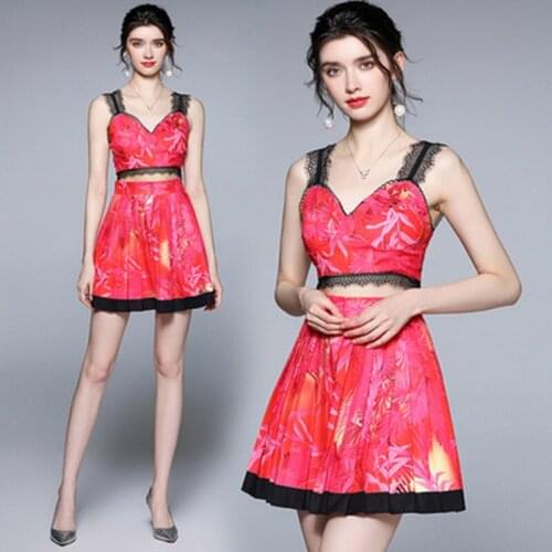 Women Sexy Beach 2-Piece Set Floral Printed Summer Backless Suspender Crop Tops+Chic High Waist Luxuriy Pleated Mini Skirt Suit