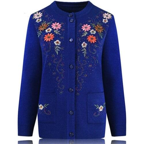 Middle-aged and elderly womens Embroidery Knit Cardigan Jacket Single-breasted Slim Sweater Coat Thin Grandma Spring Clothing
