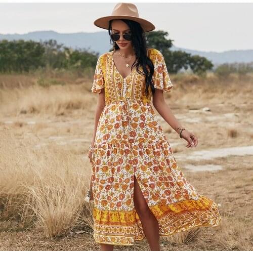 Spring New Floral Dress Women Casual V Neck Holiday Style Short Sleeve Print Dress Ladies Summer Elegant Long Dresses DS222